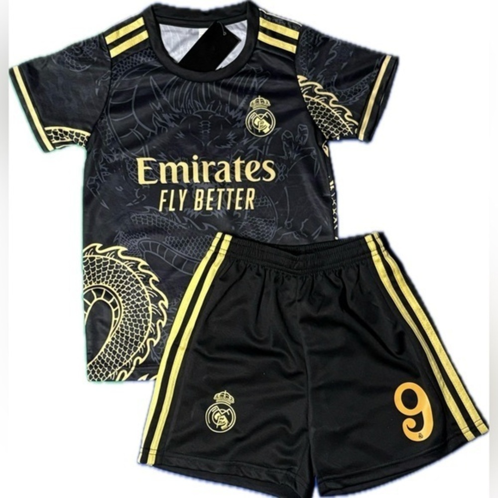 Kylian Mbappe Youth Small Size 24 Soccer Jersey Real Madrid Mbappe Dragon Black